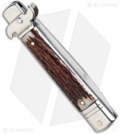 AKC Leverletto 7.75" Lever Lock Auto Italian Knife Stag (3.25" Satin Bayo) -Knife Discounts Store AKC Leverletto Stag Auto Bayo GX 33460 jr side