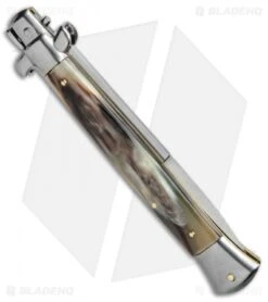 Frank B 11" Italian Stiletto Auto Brazilian Horn (5" Satin Bayonet) -Knife Discounts Store Frank B 11in Stiletto Swinguard Brazillian Horn Bayo BP 8293 jr side