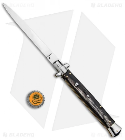 SKM 13" Italian Stiletto Flat Grind Automatic Knife Dark Horn (6" Satin) 4 SKM 13" Italian Stiletto Flat Grind Automatic Knife Dark Horn (6" Satin) - Image 4