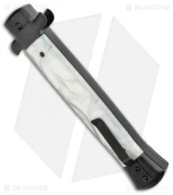 Mago White Marble Italian Stiletto OTF Auto Dagger (4.75" Satin) -Knife Discounts Store Mago 11in White Marble Italian Stiletto OTF Auto Black Bolsters Satin Dagger GX 37601 jr side