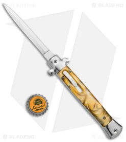 11" Stiletto OTF Automatic Knife Yellow Acrylic (4.8" Satin) Dagger W/o Clip -Knife Discounts Store Mago 11in Yellow Acrylic Stiletto OTF Auto Satin Dagger without Clip GX 38932 jr bottlecap