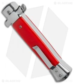 9" Italian Stiletto Dagger OTF Automatic Knife Red/Silver (4.9" Satin) -Knife Discounts Store Mago 9in Red Italian Stiletto OTF Auto Satin Plain Silver Bolster GX 37038 jr side