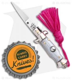 SKM Italian Stiletto Keychain Automatic Knife Silver/Pink (1.125" Satin) -Knife Discounts Store SKM Italian Stiletto Keychain Auto Silver Pink Satin BHQ 102939 jr bottlecap