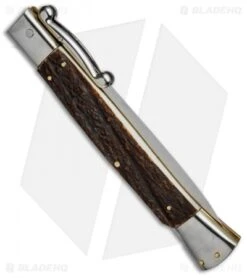 AGA Campolin 13" Swinguard Automatic Knife Stag Horn (5.75" Satin Dagger) -Knife Discounts Store aga campolin stiletto 13in swing dark horn stag dagger BP 18157 dl side
